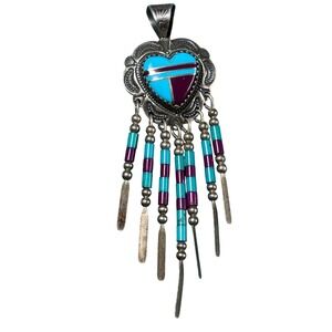 Vintage Q.T. Quoc Turquoise Sterling Silver Inlay Heart Fringe Dangle Pendant